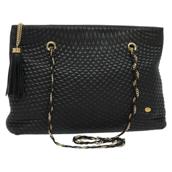BALLY Chain Shoulder Bag Leather Black Gold Auth BA4648